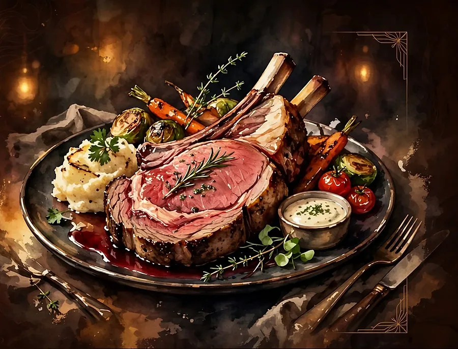 Painting of a slice of prime rib on a dark plate with mashed potatoes, roasted carrots and au jus