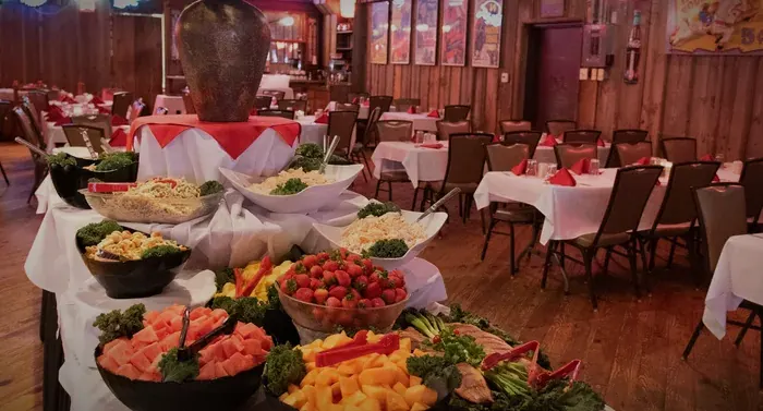 The buffet table at Chances R: fresh fruit, salads and sides in the Tommy-Suz Beer Garden