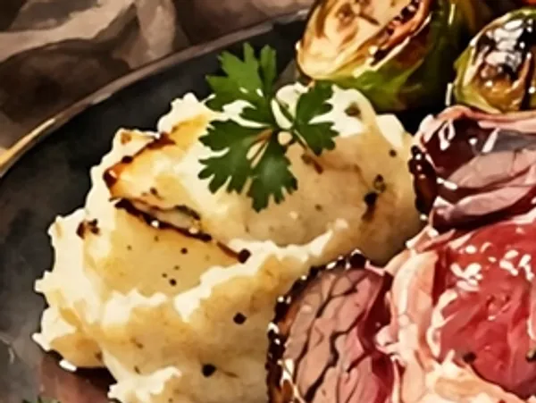 Painting of real mashed potatoes beside the prime rib