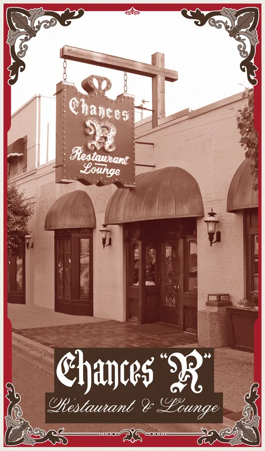 The cover of the Chances R menu: a sepia photo of the storefront and its crowned sign, with the blackletter Chances R logo