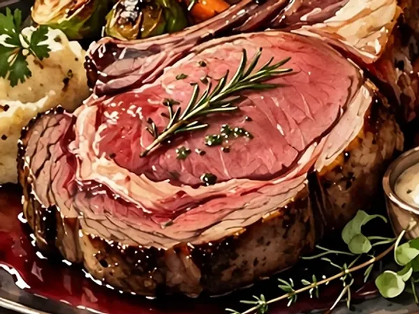 Painting of a thick slice of prime rib in au jus